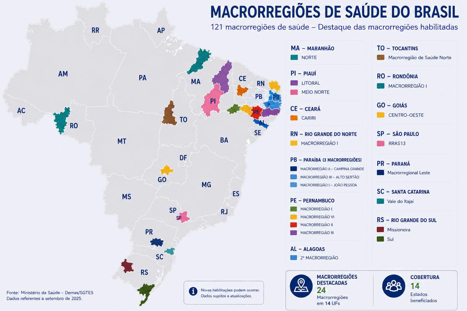 Mapa das Macrorregiões de Saúde do Brasil — 24 macrorregiões em 14 UFs